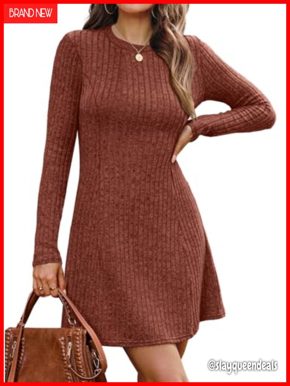 Women Long Sleeve Crew Neck Ribbed Knit Sweater Dress A-Line Knee Length